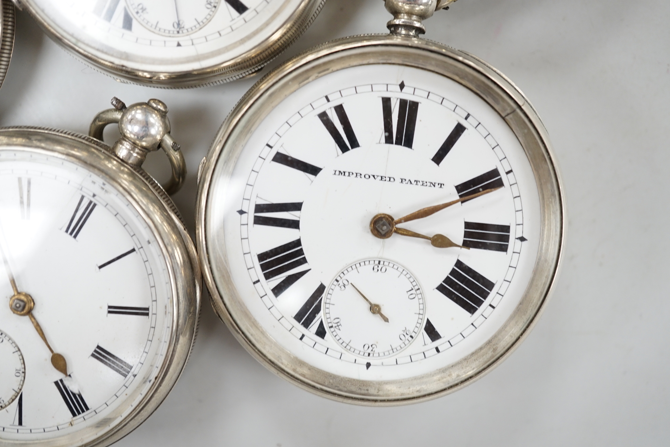 Ten assorted silver or white metal pocket watches including W. Turner and Improved Patent(2).